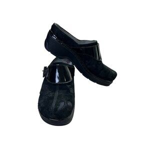 KLOGS Black Floral Leather Clogs Women's 7.5 Slip On Buckle Suede Arch Support